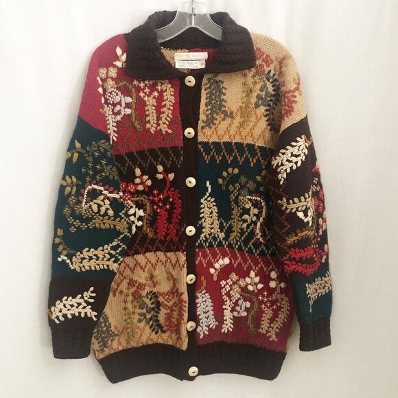 Vintage Ornate Wool Cardigan Sweater Made in Uruguay Hand Knit by Cottonwares - Picture 1 of 12